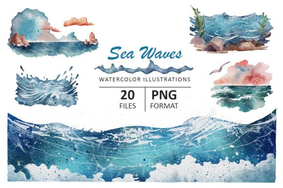 Bring Coastal Calm to Your Designs with Sea Waves Watercolor Illustrations