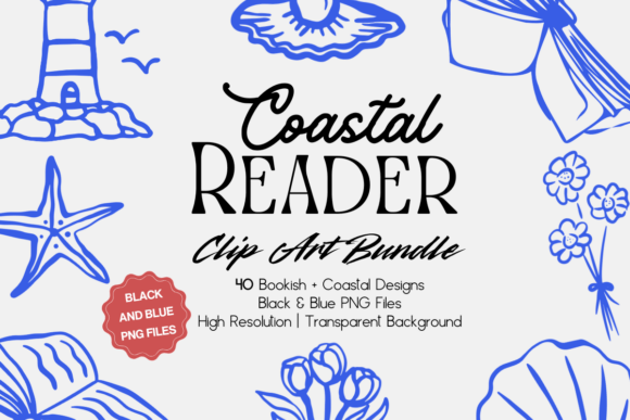 Coastal Reader Line Art Clip Art Bundle: 40 Illustrations for Book Lovers