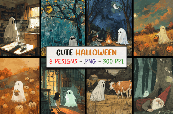 Cute Halloween Ghosts Illustrations PNG for Creative Projects